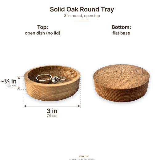 Solid oak 3 inch round tray size guide: 3 in across, about 3/4 in tall, with a flat base on the bottom