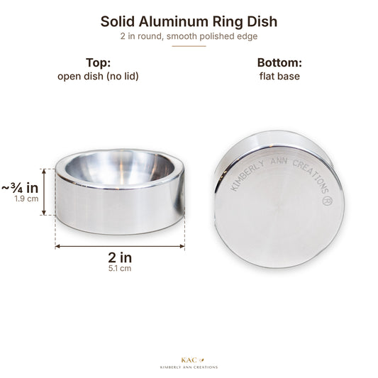 Solid aluminum 2 inch ring dish with smooth polished edge, size guide: 2 in across, about 3/4 in tall, flat base